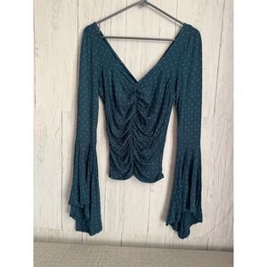 We The Free Free People Teal Polka Dot Ruched Bell Sleeve V-Neck Top Small